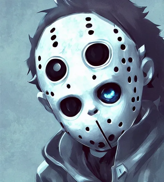 Prompt: cute little boy anime character inspired by jason voorhees art by rossdraws, wlop, ilya kuvshinov, artgem lau, sakimichan and makoto shinkai, anatomically correct, extremely coherent, highly detailed, sharp focus, slasher movies, smooth, red lighting, very realistic, symmetrical