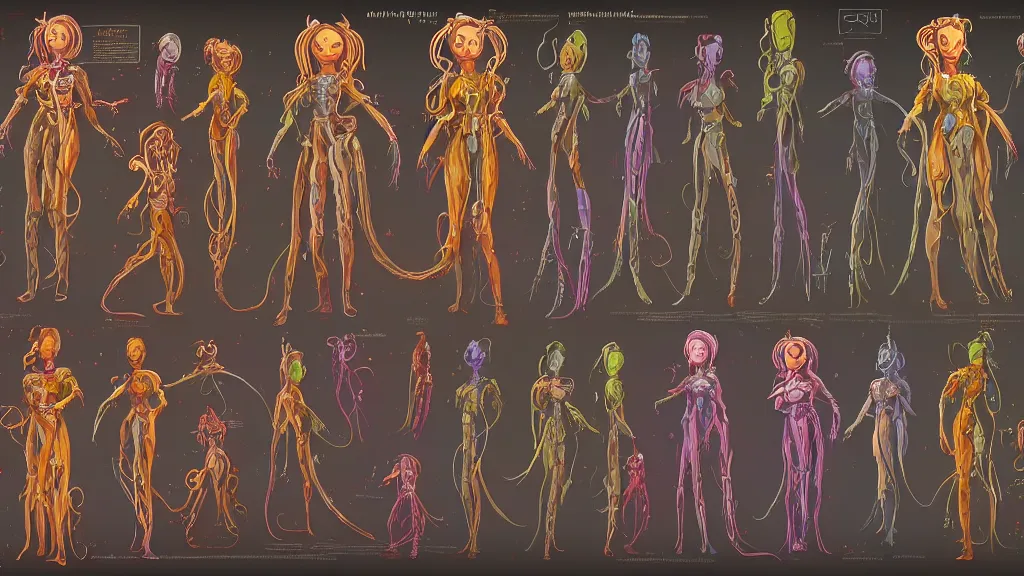 Prompt: highly detailed colorful character sheet for a stocky extraterrestrial female servant maid with thick snake - like tentacles for hair, long dress with apron, star wars, farscape, impact by craig mullins, by studio ghibli, digital art, trending on artstation, hd, 8 k, highly detailed, good lighting, beautiful, masterpiece