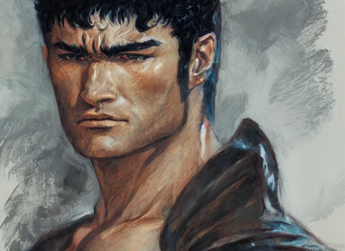 Image similar to a highly detailed beautiful portrait of guts from berserk, by gregory manchess, james gurney, james jean