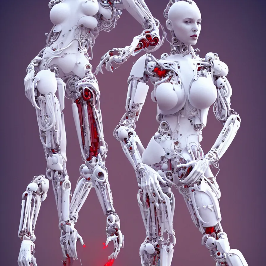 Prompt: a statue made of white marble, of an beautiful girl, full body shot, perfect symmetrical body, red biomechanical, inflateble shapes, wearing epic bionic cyborg implants, masterpiece, intricate, biopunk futuristic wardrobe, vogue, highly detailed, artstation, concept art, background galaxy, cyberpunk, octane render