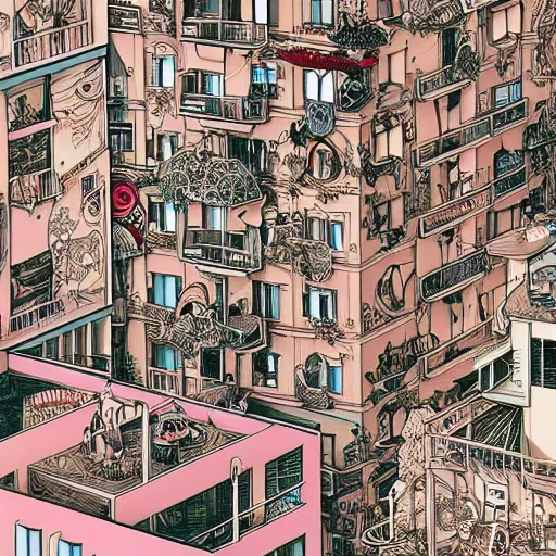 Image similar to crazy apartments, extremely detailed, sharp focus, wide view, full body shot, smooth, digital illustration, by james jean, by rossdraws, frank franzzeta, mcbess, sakimichan