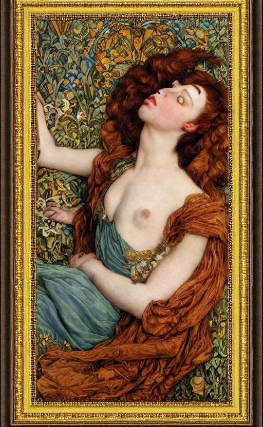 Image similar to preraphaelite full body reclining portrait photography masterpiece hybrid of judy garland and florence welch, brown hair fringe, yellow ochre ornate medieval dress, kilian eng and william holman hunt, frederic leighton, ford madox brown, william morris, framed, 4 k