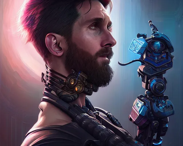 Image similar to messi with cyberpunk implants, deep focus, d & d, fantasy, intricate, elegant, highly detailed, digital painting, artstation, concept art, matte, sharp focus, illustration, hearthstone, art by artgerm and greg rutkowski and alphonse mucha