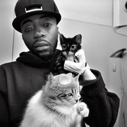 Prompt: 15mm wide-angle lens photo of a rapper in 1990 New york holding a kitten up to the camera