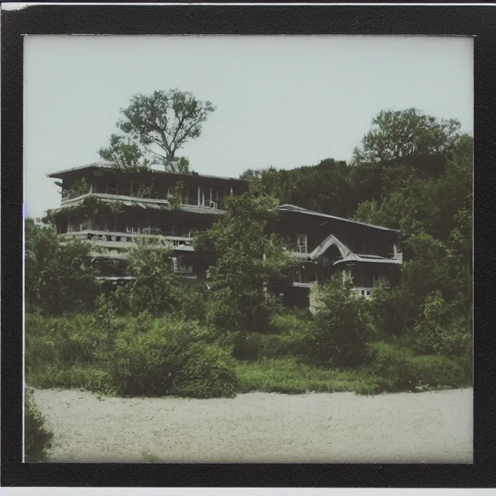 Image similar to a building in a serene landscape, polaroid photo