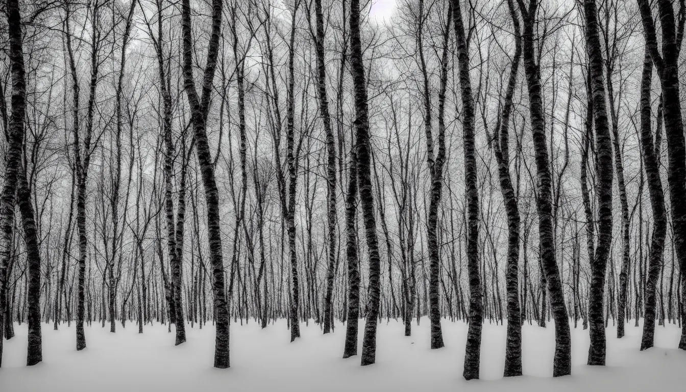 Image similar to birch forest, evening, blizzard, winter, dark, atmospheric, scary, claustrophobic, ambient vibe, very detailed, black and white, 4 k