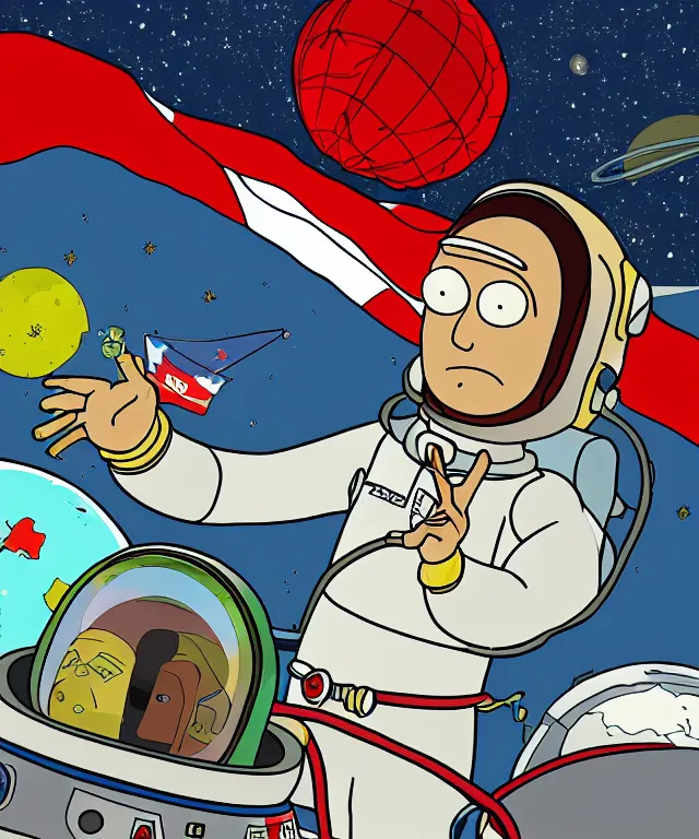 Prompt: portrait of yuri gagarin as rick from rick and morty, spacesuit with helmet, flag of ussr in his hand, vostok rocket, earth in the background, 2 d cartoon