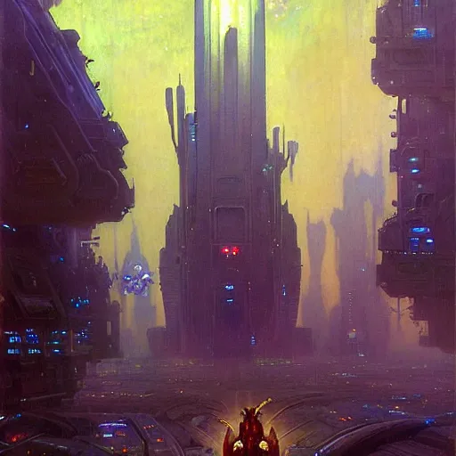 Image similar to portrait sulley from monsters inc. spaceship futuristic city. shadowrun cyberpunk fantasy d & d painting by gaston bussiere craig mullins jc leyendecker gustav klimt artgerm greg rutkowski john berkey, bergey, craig mullins, ruan jia, raymond swanland, tom lovell