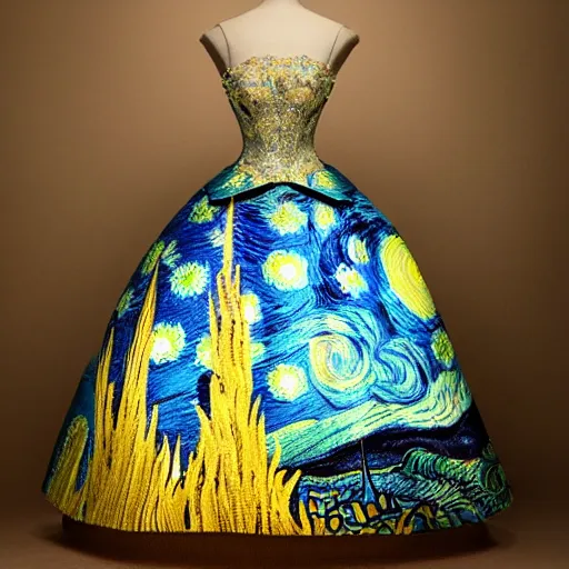 Prompt: Stunning a magnificent and intricate ball gown inspired by Van Gogh's Starry Night. Studio lighting