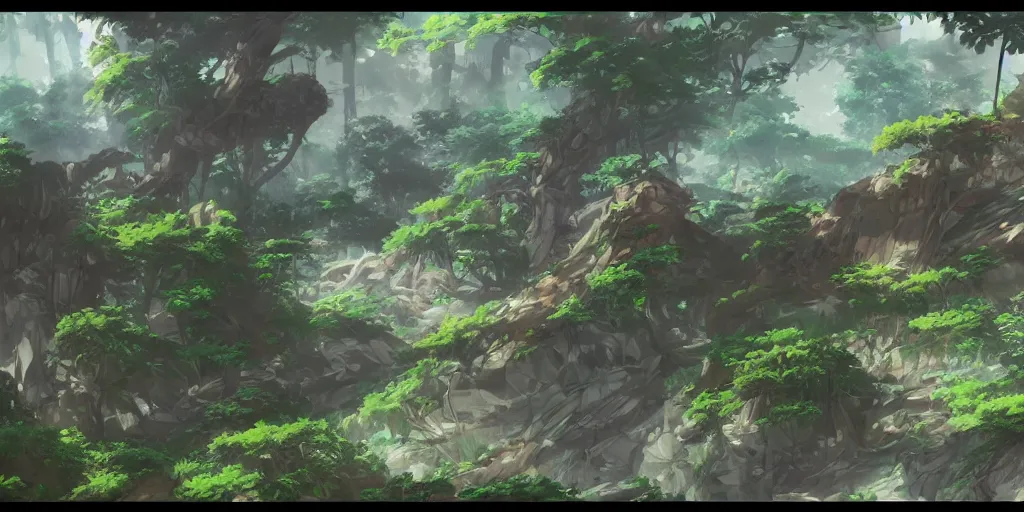 Image similar to Anime environment, huge jungle, animals, simple, rough draft, sketch, muted colors, 8k, trending on artstation