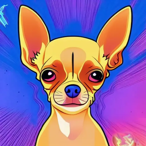 Prompt: a chihuahua with a third eye living in an extradimensional reality, in the style of goof troop, illustration, epic, realistic, hyper detailed, smooth