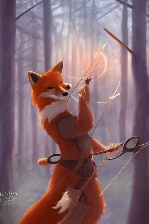 Image similar to a medieval anthropomorphic fox archer with a fluffy tail in a forest, backlighting, trending on artstation, furry art, by kawacy, warm lighting, digital art