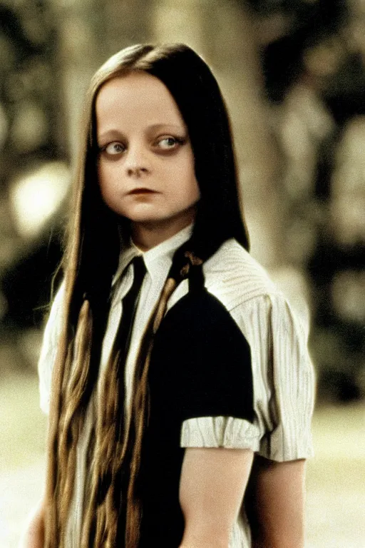 Image similar to Young Jodie Foster as Wednesday in The Addams Family 1991