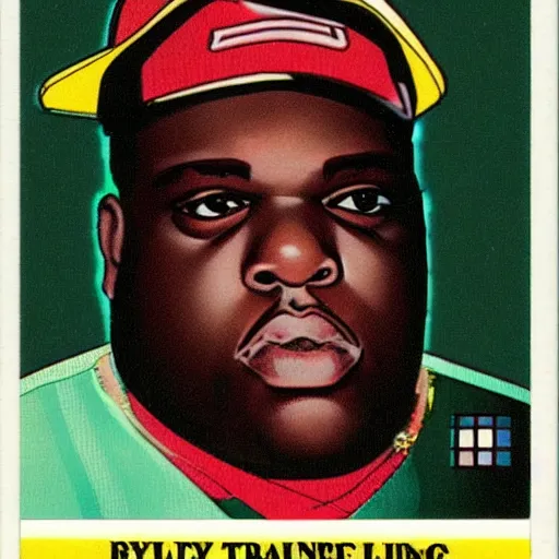 Prompt: trading card featuring notorious big with symmetrical attributes, biggie smalls rap music trading card - h 6 4 0