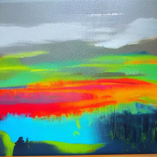 Image similar to landscape acrylic painting on canvas in the style of chris wilmshurst, bold colours