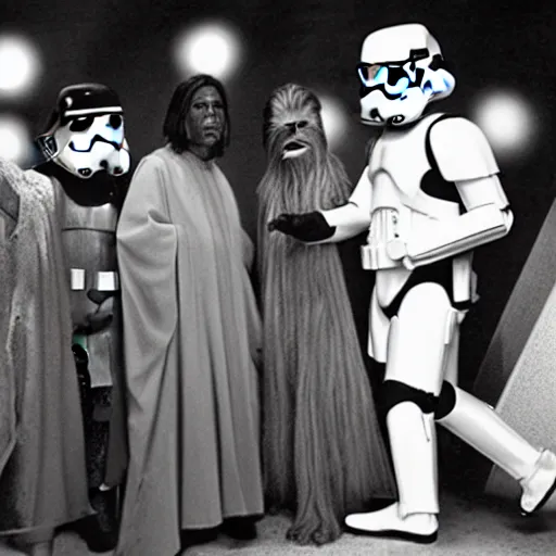 Image similar to photo from the set of a star wars movie directed by ed wood, black and white