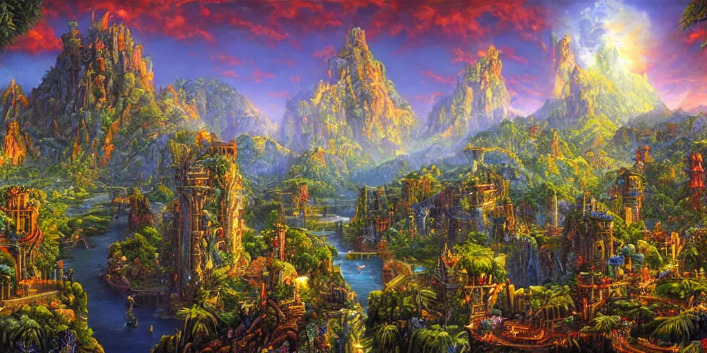 Prompt: fantasy oil painting, regale, fortress mega structure city, colossus of rhodes, atlantis, hybrid, looming, warm lighting, overlooking, epic, lush plants flowers, rainforest mountains, bright clouds, luminous sky, outer worlds, cinematic lighting, michael cheval, michael whelan, oil painting, natural tpose