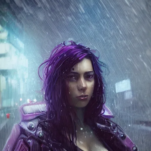 Image similar to very detailed masterpiece painting of a very beautiful wet young cyberpunk woman with olive skin, dark purple hair and cybernetics, cyberpunk background, raining, closeup, portrait, artstation, concept art by greg rutkowski