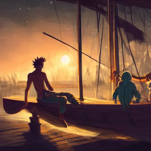 Prompt: a fishperson and a male druid sit together on a wooden ship at night, concept art, dof, cryengine, digital art, detailed background, makoto shinkai