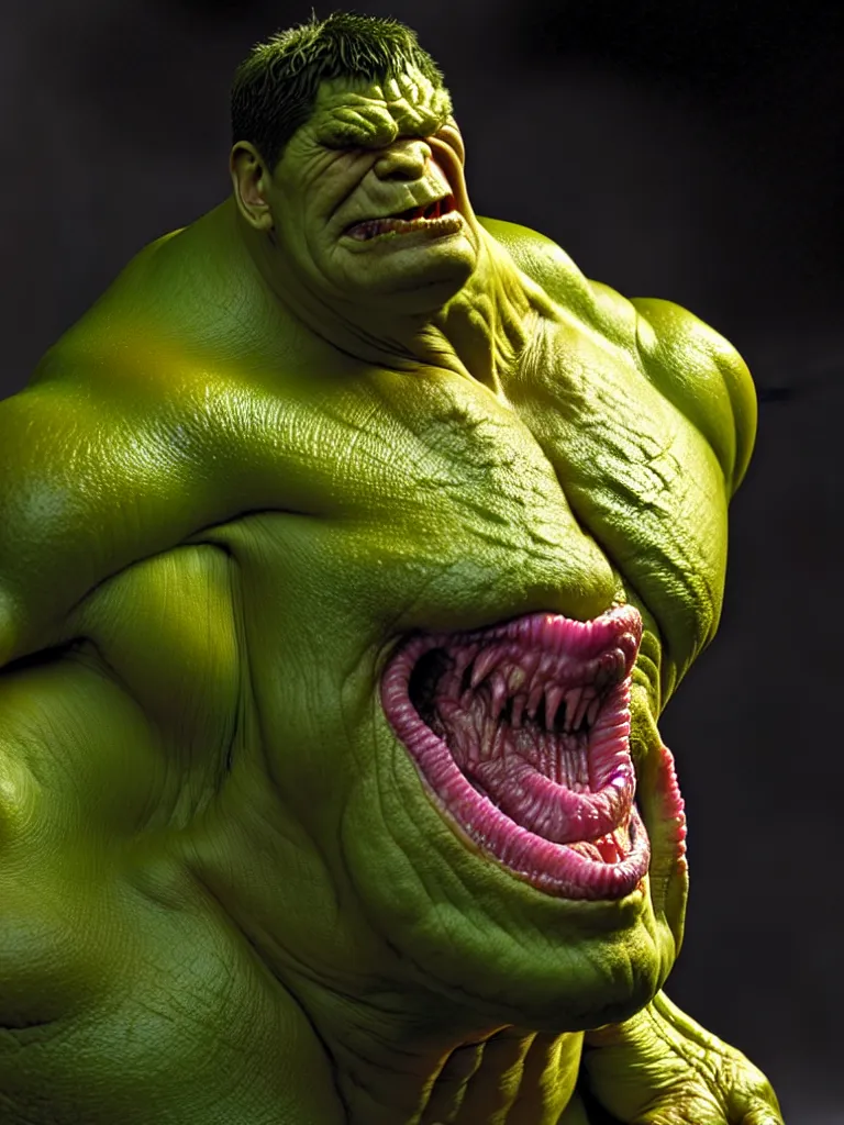 Image similar to hyperrealistic rendering, fat smooth cronenberg flesh monster hulk by donato giancola and greg rutkowski and wayne barlow and zdzisław beksinski, product photography, action figure, sofubi, studio lighting, colored gels, colored background