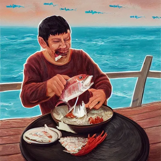 Image similar to album art of a man eating tuna, artstation