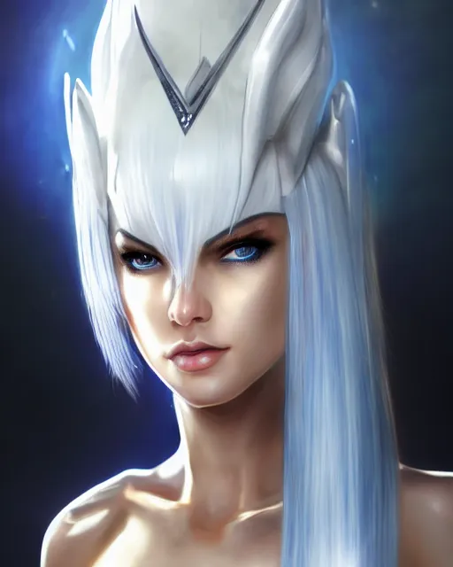 Prompt: perfect white haired attractive egyptian goddess, warframe armor, beautiful, symmetric, dreamy, half asian, pretty face, blue eyes, taylor swift, detailed, scifi platform, laboratory, experiment, 4 k, ultra realistic, epic lighting, android body, illuminated, cinematic, masterpiece, art by akihito tsukushi, voidstar