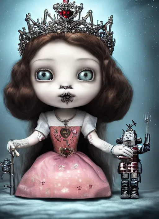 Image similar to highly detailed closeup portrait of a gothic nurse princess wearing a crown and sitting on an ice throne surrounded by cute tin toy retro robots, nicoletta ceccoli, mark ryden, lostfish, earl nore, hyung tae, frank frazetta, global illumination, god rays, detailed and intricate environment