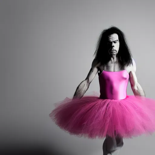 Prompt: nick cave in a pink tutu, dramatic angle, studio photography