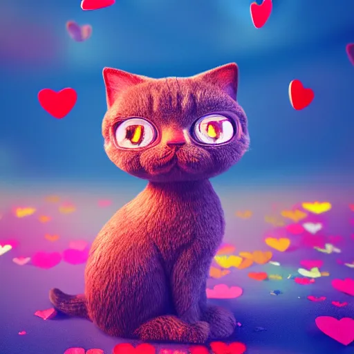 Image similar to an extremely cute cat made of hearts sending love to the quantum realm, octane render, happy colours