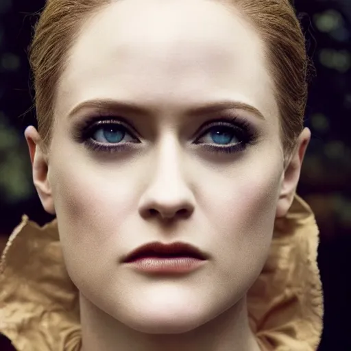 Prompt: beautiful close - up shot of evan rachel wood as dolores in westworld who looks into the distance, beautiful natural light, golden hour, focus on her face, photorealistic, fujifilm x - pro 2, by annie leibowitz