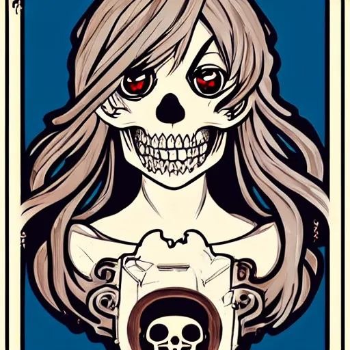 Image similar to anime manga skull portrait cuphead girl disney cartoon skeleton illustration style by Alphonse Mucha pop art nouveau