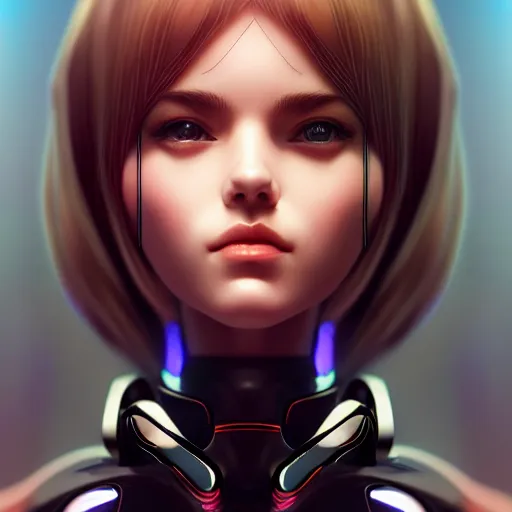 Image similar to portrait of beautiful girl with robot body by artgerm and ilya kuvshinov, close up, portrait, cinematic, elegant, artstation, intricate, highly detailed, digital painting, artstation, concept art, sharp focus, illustration, cyberpunk, cgsociety, 8 k