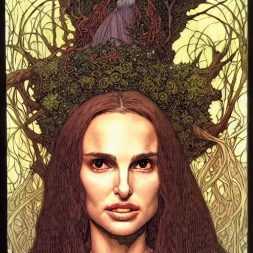 Prompt: a realistic and very beautiful and atmospheric portrait of a young natalie portman as a druidic wizard looking at the camera with an intelligent but seductive gaze by rebecca guay, michael kaluta, charles vess and jean moebius giraud