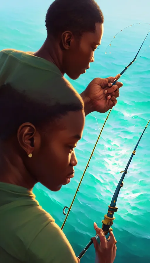 Prompt: highly detailed portrait of a young modern jamaican man fishing with a magical glowing fishing rod weapon, ocean background, unreal engine, fantasy art by greg rutkowski, loish, rhads, makoto shinkai and lois van baarle, ilya kuvshinov, rossdraws, tom bagshaw, global illumination, radiant light, detailed and intricate environment