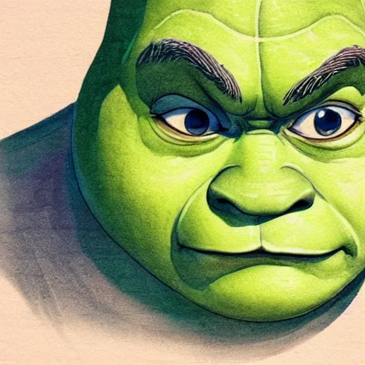 Image similar to beautiful water color concept art of face detailing shrek in the style of japanese wood printing , toon rendering, close-up, no shade, modern art, kyoto animation, manga, Julian Opie