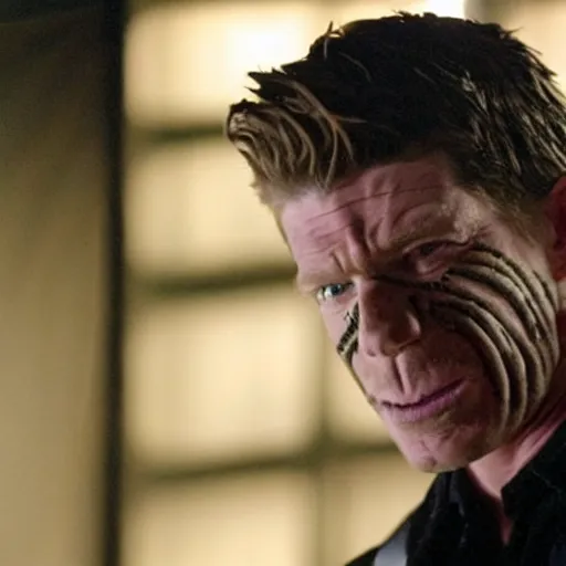 Image similar to film still of Thomas Haden Church as Eddie Brock wearing Venom costume without headpiece in Spider-man 3 2007, 4k