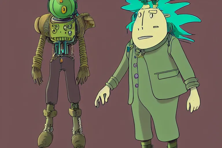 Prompt: a study of a cell shaded cartoon of a mechanized punk with green hair from howl's moving castle ( 2 0 0 4 ), on a desert road, full body, wide shot, very muted colors, post grunge, studio ghibli, laurie greasley, highly detailed, deviantart, art by artgem