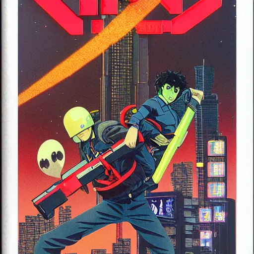 Prompt: 1988 OMNI Magazine Cover Illustration of neo-Tokyo bank robbery movie, Bank Robbery, Anime, Highly Detailed, Akira Color Palette, Inspired by Cowboy_Bebop + MGS2 + FLCL, 8k :4 by Vincent Di Fate + Arc System works + Katsuhiro Otomo : 8