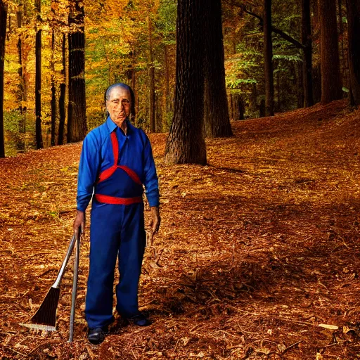 Image similar to closeup portrait of a cleaner with a huge rake in a fall forest, by Steve McCurry and David Lazar, natural light, detailed face, CANON Eos C300, ƒ1.8, 35mm, 8K, medium-format print