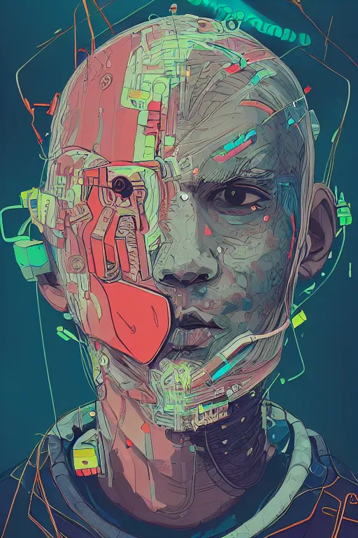 Image similar to abstract portrait, cyberpunk hero, floating detailes, very detailed face, leaves by miyazaki, colorful palette illustration, kenneth blom, mental alchemy, james jean, pablo amaringo, naudline pierre, contemporary art, hyper detailed