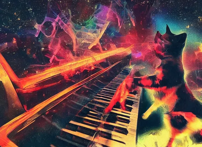 Image similar to cat [ playing a piano ], [ synthwave art style ]!!, trending on cgsociety, neon art style, [ bioluminescent colors ]!!, 4 k surrealism