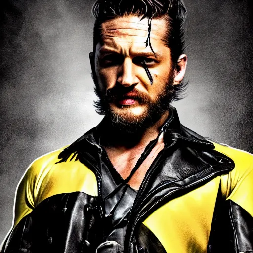 Image similar to Tom Hardy as wolverine in Black Damaged leather suit Digital art 4K quality