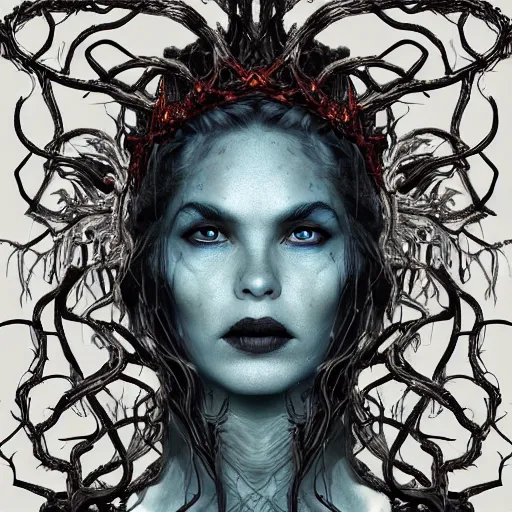 Image similar to dramatic portrait of the dark queen of snakes, wearing a crown of thorned vines, blue skin, wrapped in snakes, realism, dark fantasy illustration, surrounded by twisting forest, dynamic lighting, detailed textures, octane render, artstation