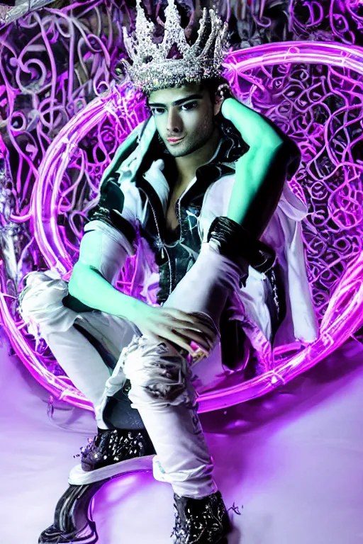 Prompt: full-body rococo and cyberpunk style neon statue of a muscular attractive Zayn Malik macho dotado e rico android sim roupa reclining con las piernas abertas e la piroca dura, glowing white lasers, glowing eyes, silver prince crown, black gears, pink diamonds, swirling mint-colored silk fabric. futuristic elements. ethereal white dripping tar. full-length view. human skulls. large pink balloon animals. intricate artwork by caravaggio. Trending on artstation, octane render, cinematic lighting from the right, hyper realism, octane render, 8k, depth of field, 3D