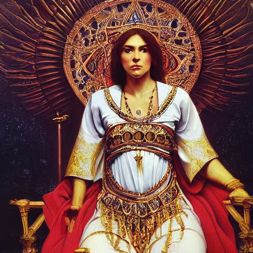 Image similar to Realistic painting of beautiful priestess woman in detailed costume, sitting on a throne in a throne roome in a palace dramatic lighting, high-detailed oil painting by Ilya Repin, William Blake, Michelangelo da Caravaggio, Alex Grey and Beksinski, masterpiece, 4k