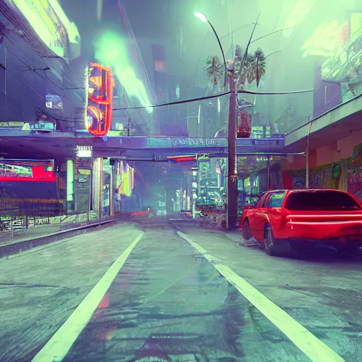 Image similar to a 3 d rendered in unreal engine guatemalan cyberpunk city with neon ads and signs with evocative dramatic mood with blade runner vibe with cars with motion blur with depth of field with bloom with lightshaft with volumetric lights, fog, by scott robertson, oscar winning graphics, photo realistic, bloom, imax, dynamic lighting, artstation,