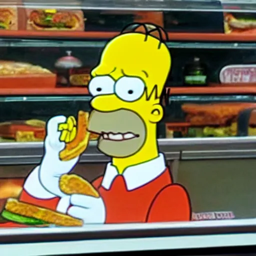 Prompt: realistic homer simpson eating a sandwich at subway