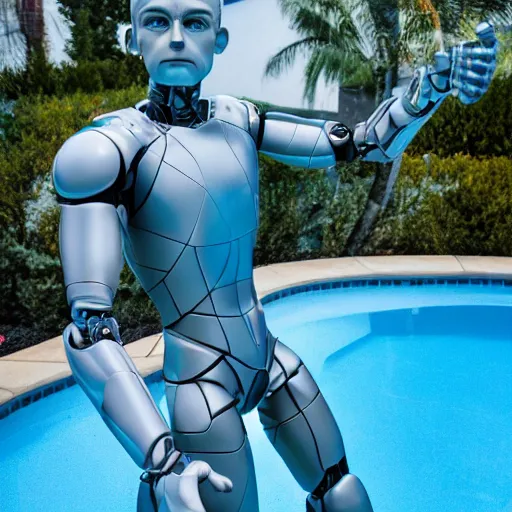 Prompt: by the pool, shiny skin, a realistic detailed photo of a guy who is an attractive humanoid who is half robot and half humanoid, showing off his muscles, twitch streamer / gamer ludwig, humanoid robot, who is a male android, on display, frozen ice statue, posing like a statue, made of ice, blank stare