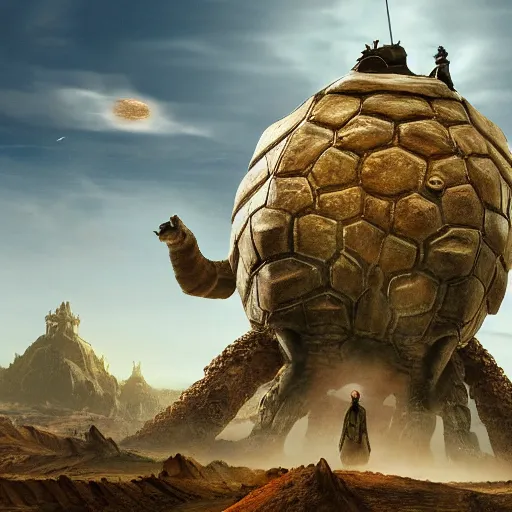 Prompt: large fantasy victorian castle rising from the top of a giant moving tortoise standing on all four legs, towering over a harsh barren sandy wasteland, distant shot angled slightly up, fantasy, hyper detailed, 4 k, howls moving castle, mortal engines, kaiju,