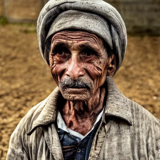 Prompt: Portrait of an aged mushroom seller with a haunted expression and a wrinked gaunt face. Deep shadows and highlights. f/2.8 ISO 1600. Shutter speed 1/60 sec. Lightroom.